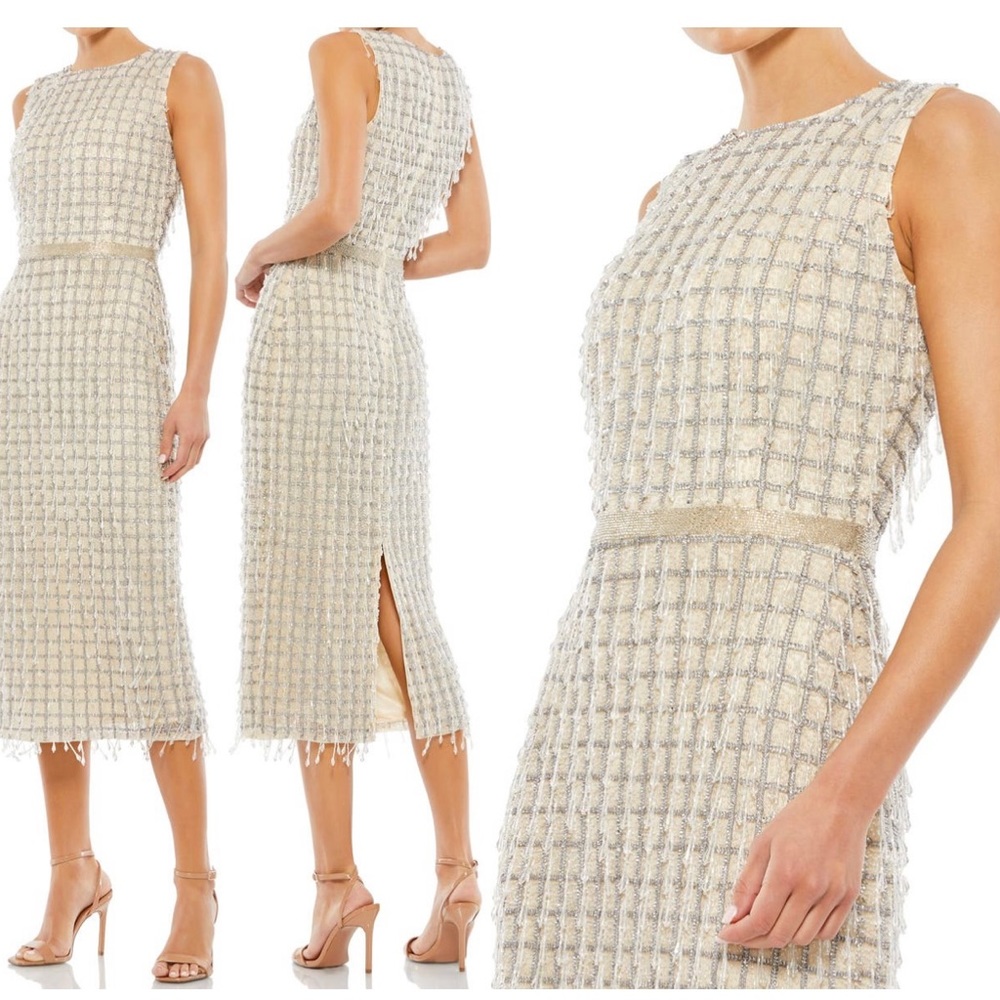 Mac Duggal Embellished Sleeveless Tweed Midi Dress